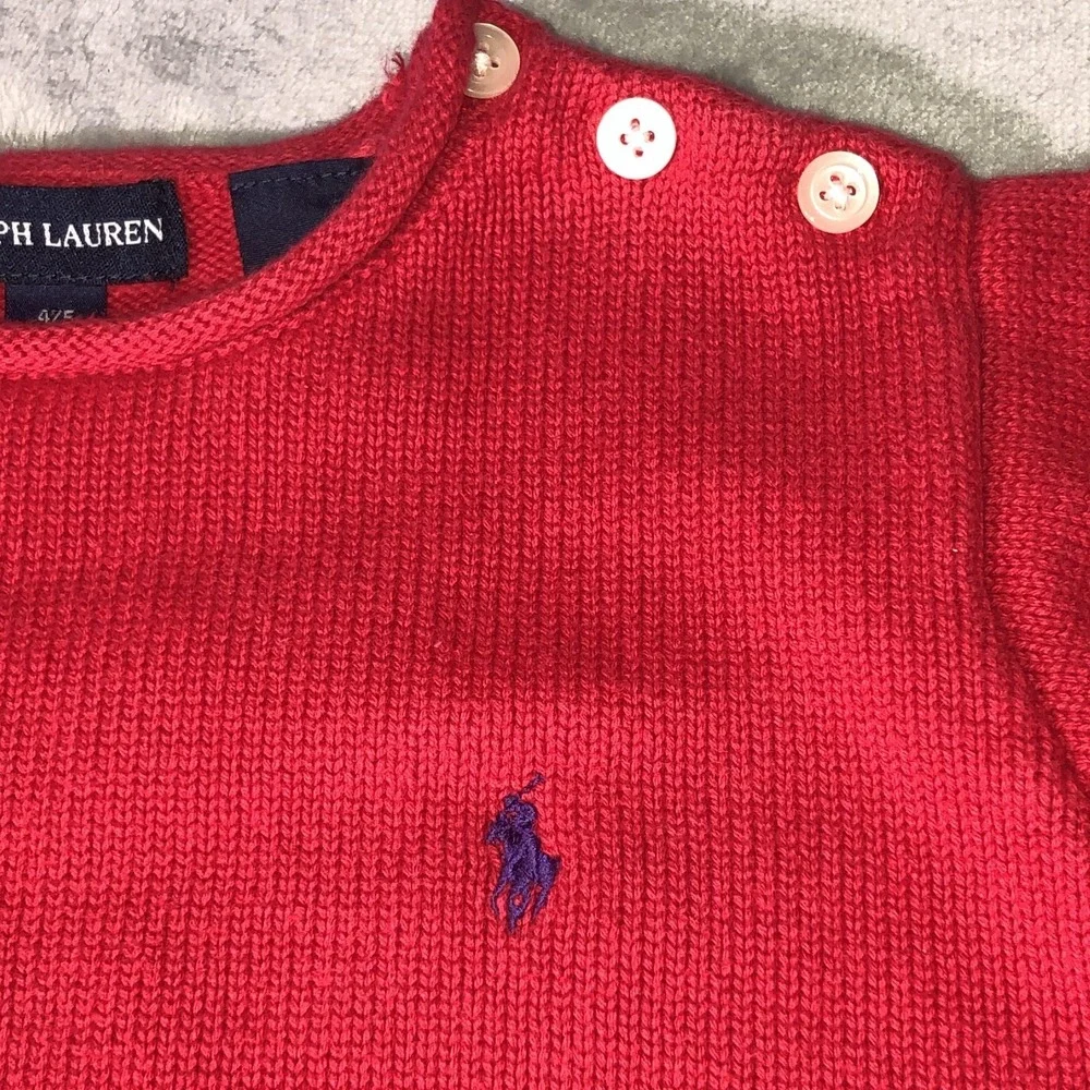 Ralph Lauren Rolled Neck Sweater Girl Sz 4/5 Red‎ Button Shoulder Logo Japan y2K